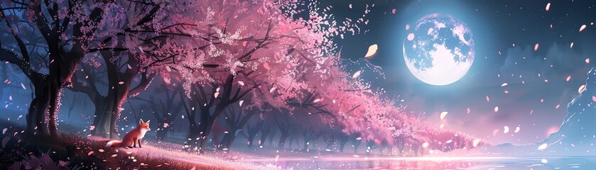 A beautiful landscape with a cherry blossom tree in the foreground and a full moon in the background