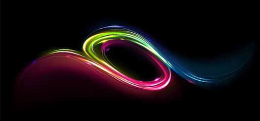 Wall Mural - Energy streak effect with neon light orb glow. Abstract magic spiral or shine swirl vortex. 3d flash twist flow design. Futuristic speed motion graphic shape. Bright laser wind twirl portal or frame