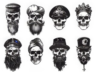 Wall Mural - Set of eight detailed skull illustrations with various headwear