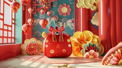 Design a 3D visualization of a vibrant red cartoon festive bag against a detailed Chinese ancient background, combining playful animation with cultural heritage