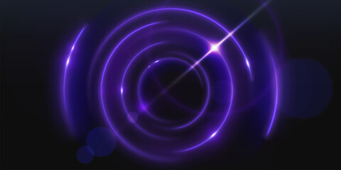 Wall Mural - Abstract purple light flare sphere glow effect. Magic neon shine with circular glitter frame design. 3d orb portal with energy motion on curve. Electric shiny and glossy violet speed halo bg