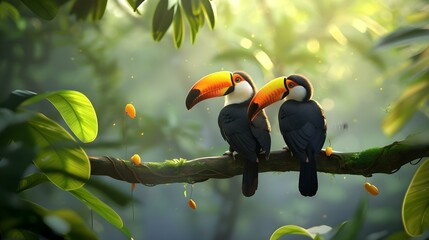 Wall Mural - Two toucan tropical birds sitting on a tree branch