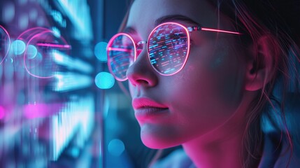 Young woman with futuristic glasses observing neon lights, reflecting digital data concepts and modern technology visuals.