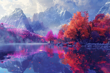 Poster - Mountains, lakes, and reflections in autumn