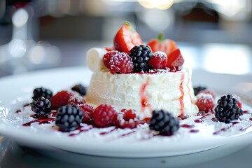 Sticker - Delicious dessert with berries and cream being served on a white plate at a restaurant