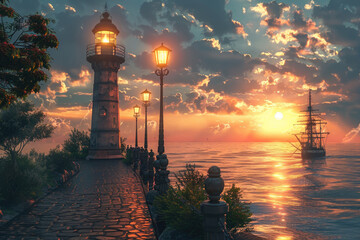 Wall Mural - At sunrise, the lighthouse by the seaside