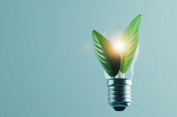 Creative concept of eco-friendly energy with a light bulb and green leaves symbolizing sustainability and renewable energy sources.