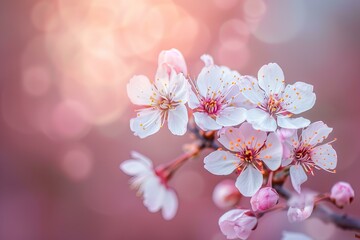 Wall Mural - Sprig of delicate white and pink cherry blossoms blooming on a branch in the spring