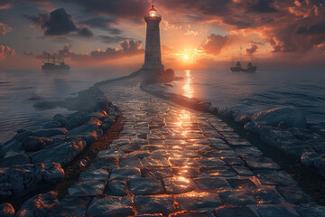 Wall Mural - At sunrise, the lighthouse by the seaside