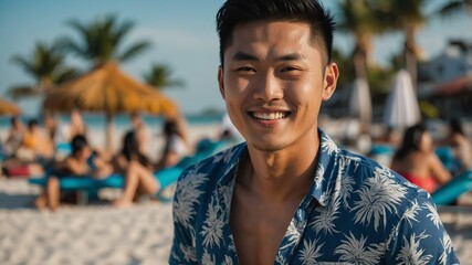 Poster - smiling handsome asian guy model posing in sexy beach summer vacation pictorial photoshoot portrait