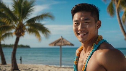 Poster - smiling handsome asian guy model posing in sexy beach summer vacation pictorial photoshoot portrait