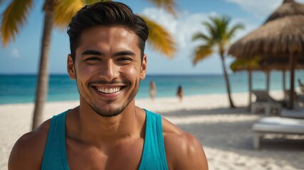 Poster - smiling handsome hispanic guy model posing in sexy beach summer vacation pictorial photoshoot portrait