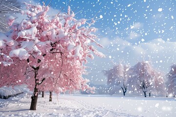 Wall Mural - Snow falling on pink cherry blossom trees in a snowy landscape