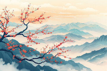 Wall Mural - The sun rises in the mountainous area, red flowers, Chinese painting