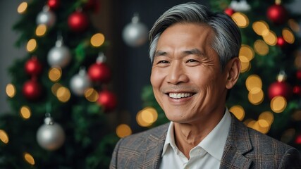 Poster - mature handsome asian guy model posing smiling in christmas celebration concept pictorial photoshoot portrait