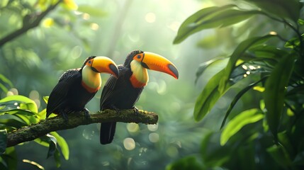 Wall Mural - Two toucan tropical birds sitting on a tree branch