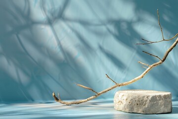 Wall Mural - stone podium for product presentation on green background with blue reflections and small driftwood, minimalistic scene, studio light, close up, shot from front, f/24, bokeh, sharp focus. 