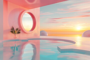 Wall Mural - Surrealistic landscape with pool and mirror, 3d rendering, cartoon style, pastel colors, minimalism, low angle shot, golden hour lighting, warm tones, high resolution, very detailed, architectural pho