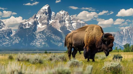 Wall Mural - Bison in front of Grand Teton Mountain Range