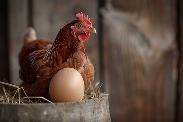 Poster - Brown hen is sitting on a fresh egg in a coop on a farm, rural scene