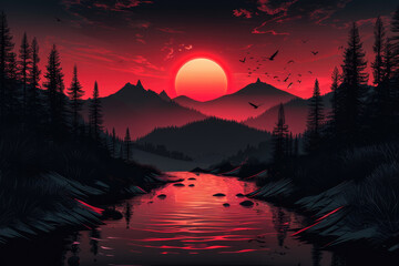 Canvas Print - Mountain lakes, rising sun, illustration