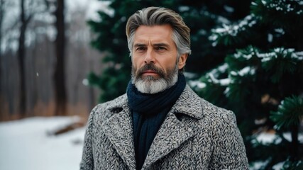 Poster - mature handsome bearded guy model posing with winter fashion luxury style clothing pictorial photoshoot