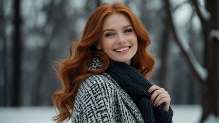 Poster - smiling beautiful redhead woman model posing with winter fashion luxury style clothing pictorial photoshoot