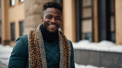 Poster - smiling handsome african guy model posing with winter fashion luxury style clothing pictorial photoshoot