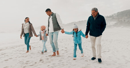 Canvas Print - Family, girl and holding hands on beach for travel, development and adventure for bonding. Kid, parents and playful with walking, care and love in happiness, fun and together on weekend or holiday