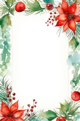 Christmas watercolor frame with winter branches, leaves and berries, illustration isolated on white background in vintage style. Festive frame for invitations or greeting cards.