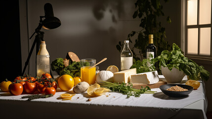 Photo studio with professional lighting equipment shooting at food and fruit composition