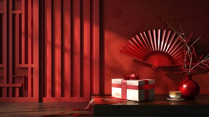 Wall Mural - Design a 3D rendering of a red package set against the backdrop of a red Chinese ancient fan, showcasing the fusion of modern and traditional elements