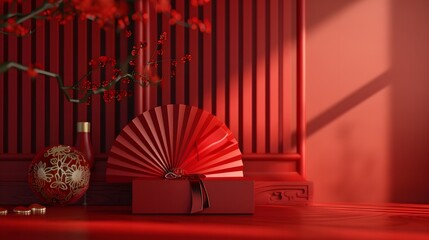 Wall Mural - Design a 3D rendering of a red package set against the backdrop of a red Chinese ancient fan, showcasing the fusion of modern and traditional elements