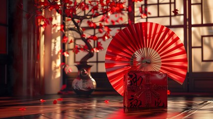 Wall Mural - Create a 3D model featuring a red package with a background of a red Chinese ancient fan, emphasizing the elegance and tradition of Chinese art