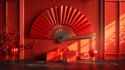 Wall Mural - Create a 3D model featuring a red package with a background of a red Chinese ancient fan, emphasizing the elegance and tradition of Chinese art