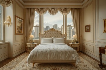 Hotel Room With Luxury Suite: High-end furniture, large space, and opulent decor with gold accents.