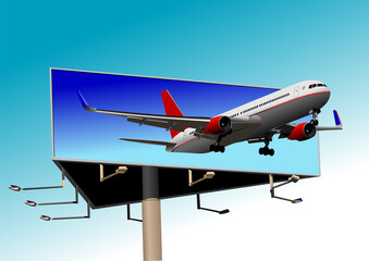 Wall Mural - Passenger airplane taking off from billboard with blue sky background