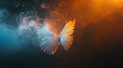 Wall Mural - shining butterfly with frosted paper wings on a dark background, gradient orange and sapphire smoke,