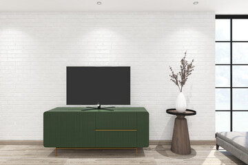 Wall Mural - 3d render of minimal interior design green tv credenza side the window with frame mock up on the floor. Light oak parquet floor, white brick wall and white ceiling. Set 3