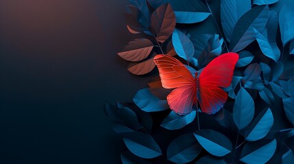Wall Mural - shining butterfly with hand-cut paper wings on a dark background, gradient coral and cerulean smoke,