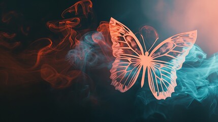 Wall Mural - shining butterfly with hand-cut paper wings on a dark background, gradient coral and cerulean smoke,