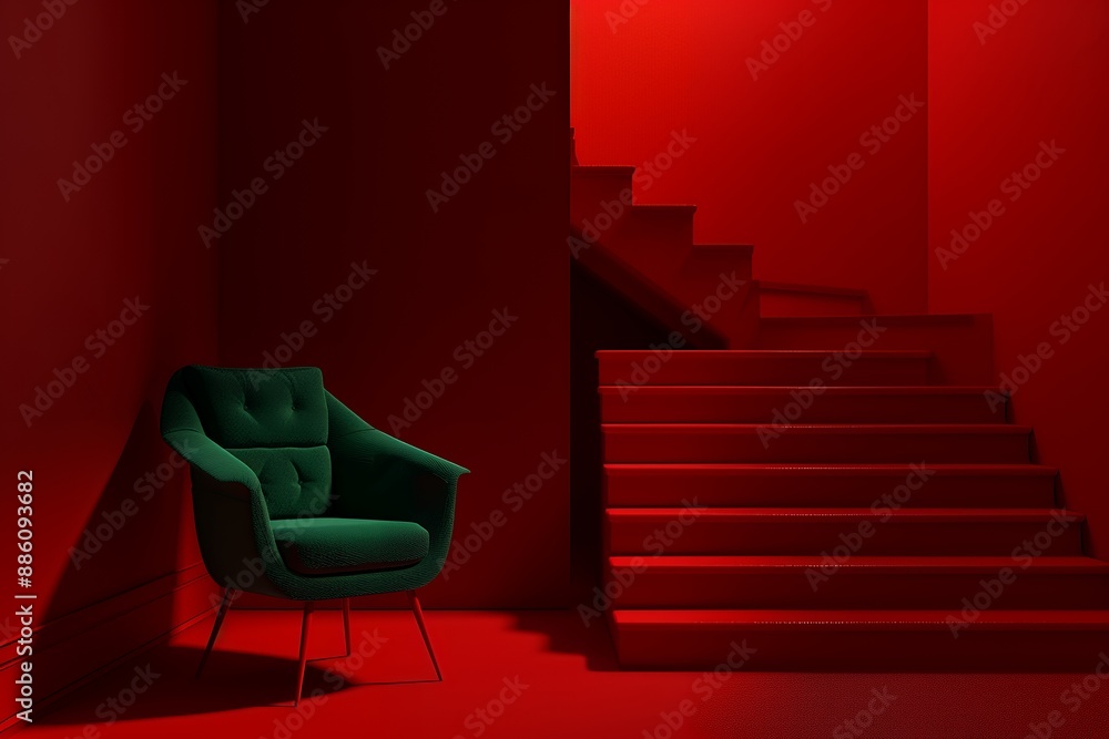 Fotografie 3d render of dark room with green chair and red stairs, red ...