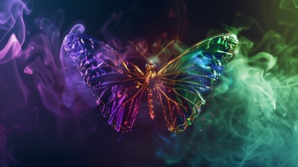 Wall Mural - shining butterfly with holographic foil paper wings on a dark background, gradient green and purple 