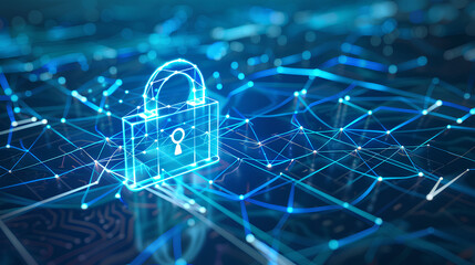 Wall Mural - abstract cyber security concept with a padlock icon, network data and dynamic lines on a light blue 