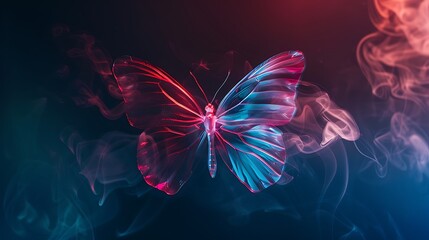 Wall Mural - shining butterfly with iridescent vellum paper wings on a dark background, gradient scarlet and sapp