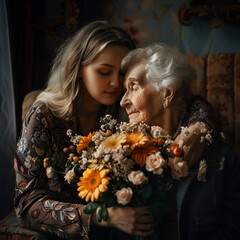  adult daughter hugging her grandma and gives a bouquet of flowers at home during mid-day 