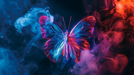 Wall Mural - shining butterfly with iridescent vellum paper wings on a dark background, gradient scarlet and sapp