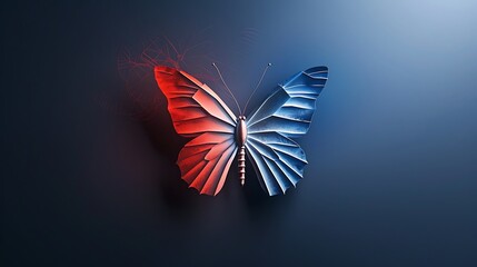 Wall Mural - shining butterfly with metallic silver paper wings on a dark background, gradient peach and navy smo
