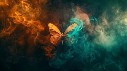 Wall Mural - shining butterfly with metallic paper wings on a dark background, gradient orange and teal smoke swi