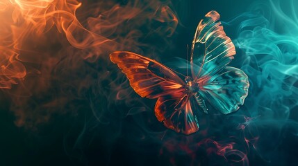 Wall Mural - shining butterfly with metallic paper wings on a dark background, gradient orange and teal smoke swi